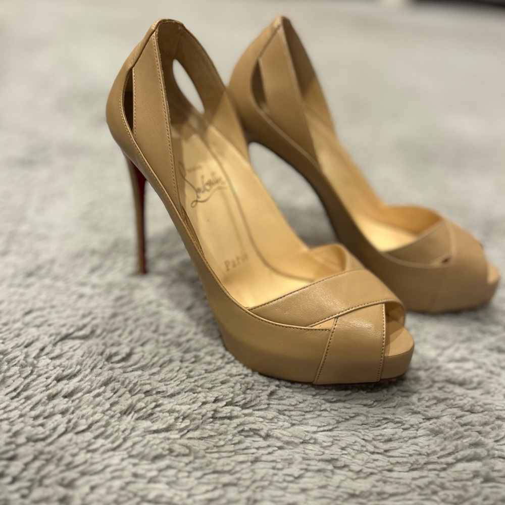 Christian Louboutin Tan Peep Toe Heels
